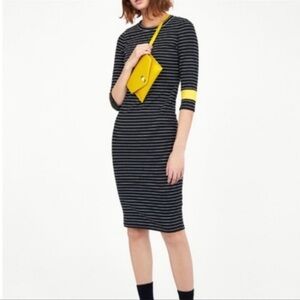 Zara black/ white stripe midi dress with yellow